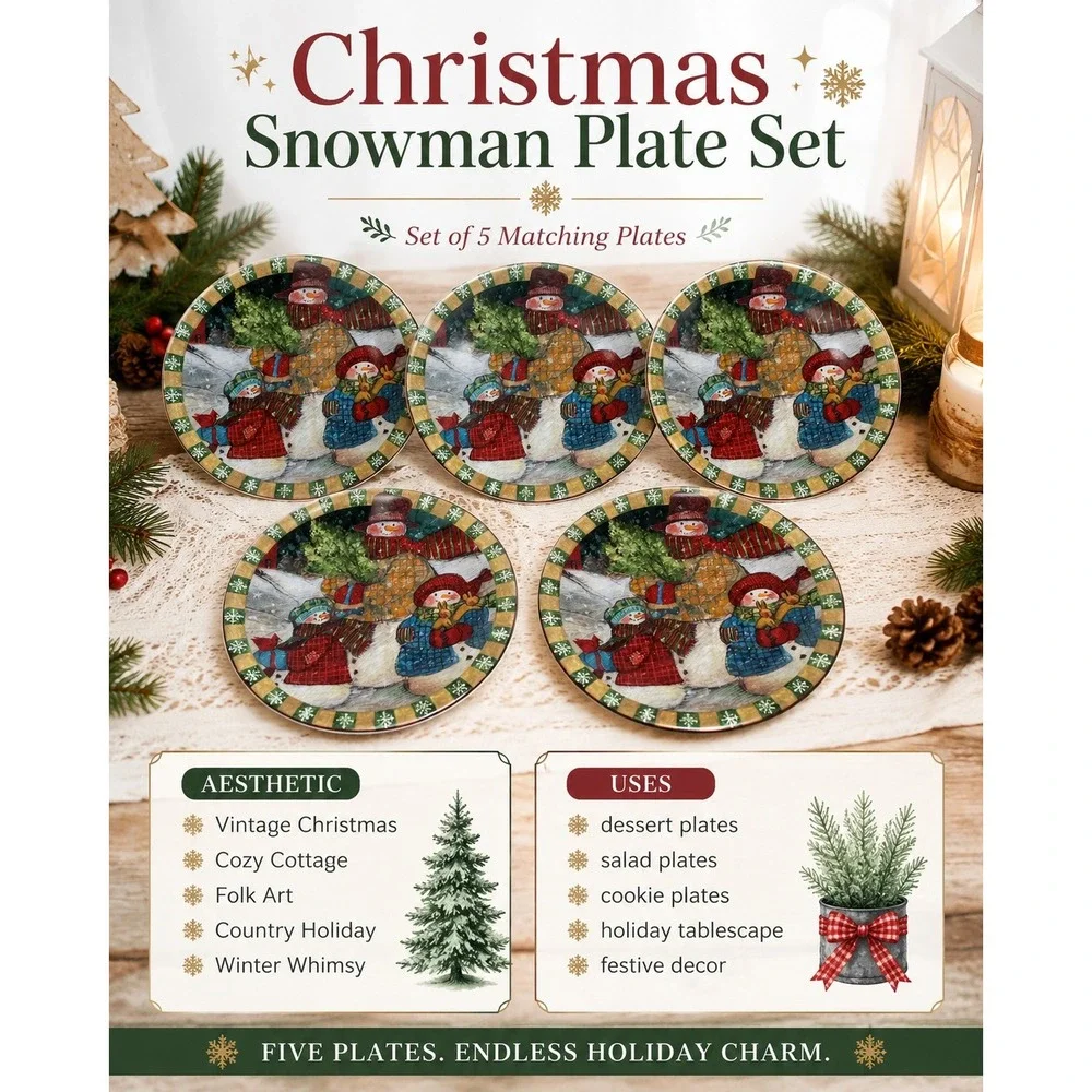 Susan Winget Plates Snowman Multicolor Set of 5 8in Christmas Folk Art Whimsical